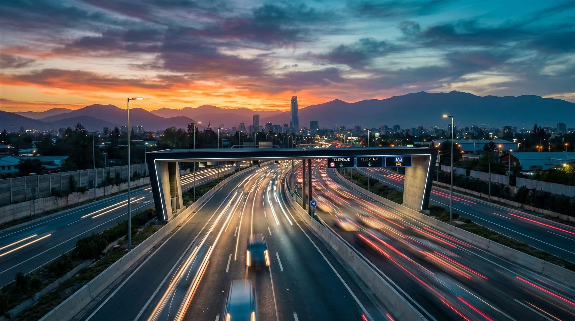 Autopista urbana de Santiago con pórticos de telepeaje TAG al atardecer